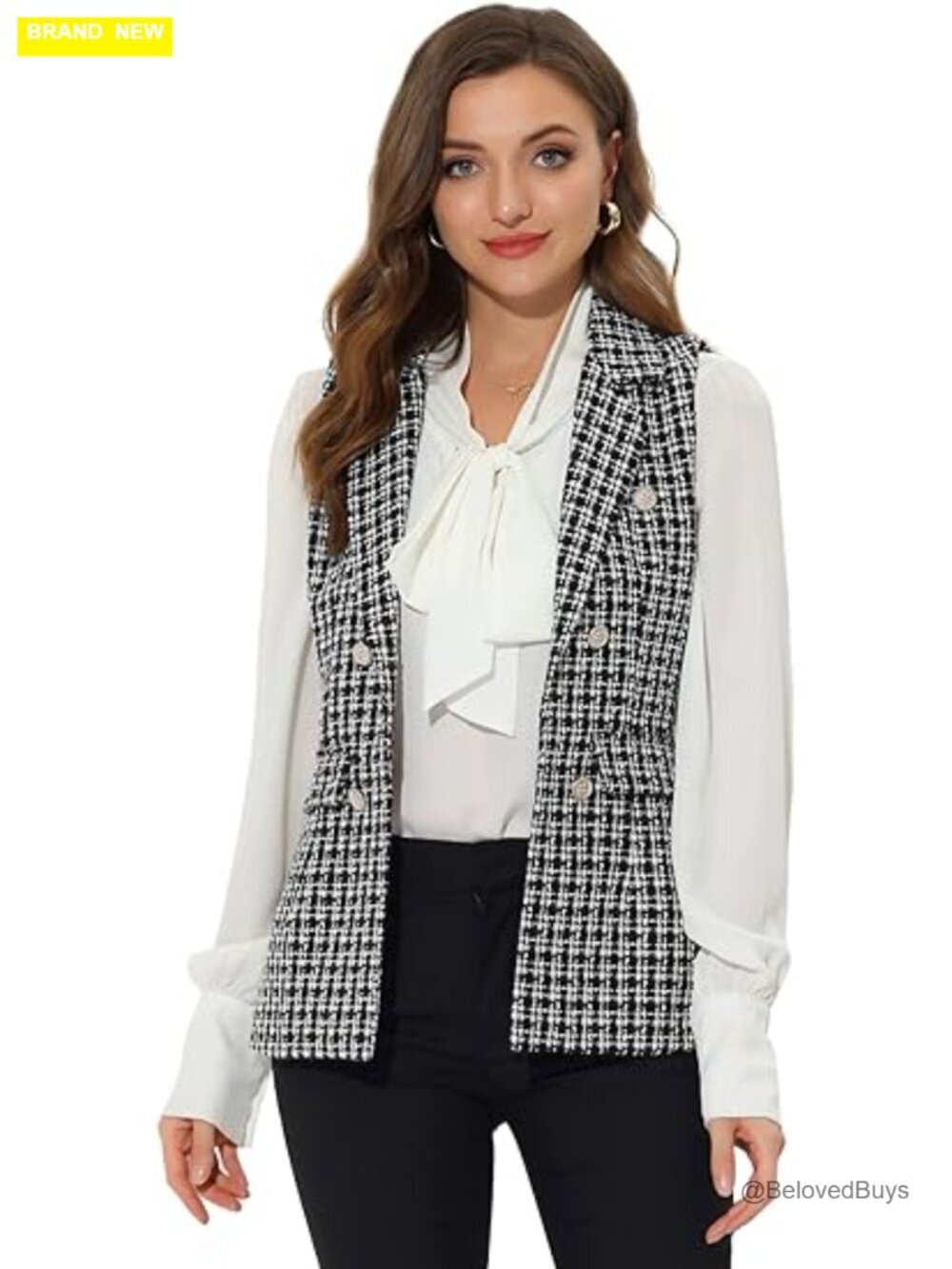 Plaid Tweed Lapel Sleeveless Blazer Vest Casual Work Jacket